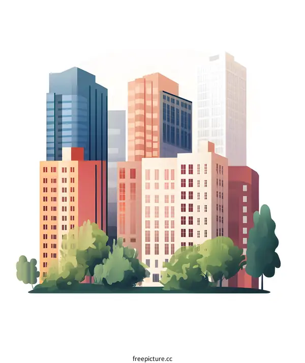 Cityscape with Buildings and Trees Illustration