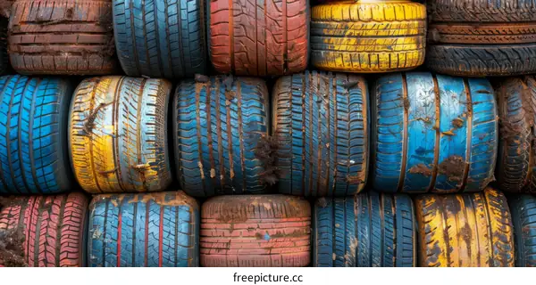 Colorful Scrap Tires Stacked Together: A Grunge Urban Background