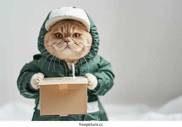 A cat wearing a hat and jacket is delivering a package