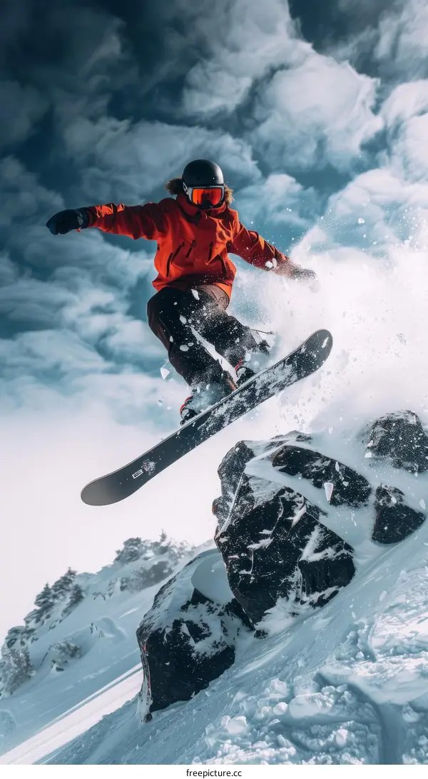 Man in red jacket snowboarding over rock in snowy mountains