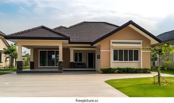 Modern Brown Single Story House with Large Front Yard