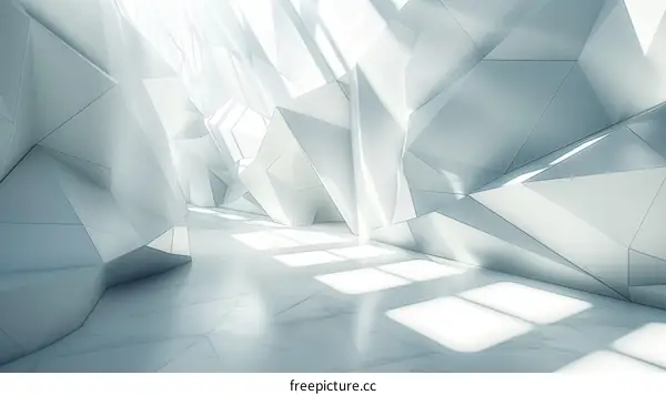 Futuristic White Space with Geometric Shapes and Light Rays