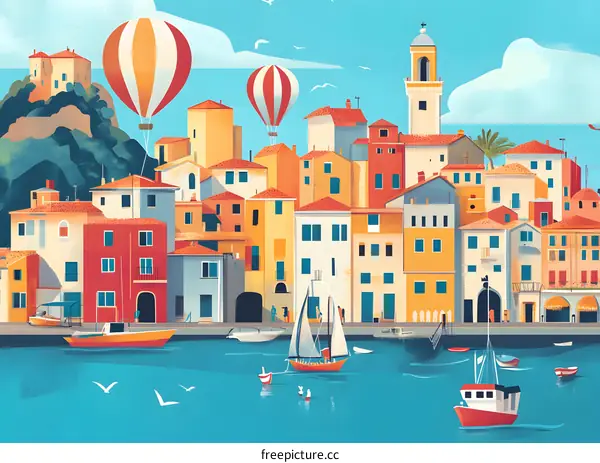Colorful Mediterranean Village with Boats and Hot Air Balloons