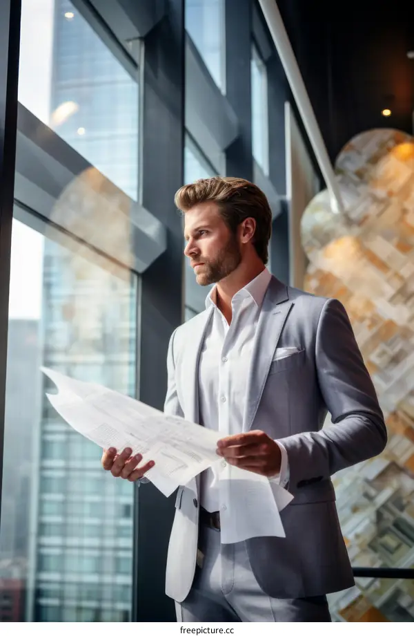 pensive businessman looking out window at cityscape