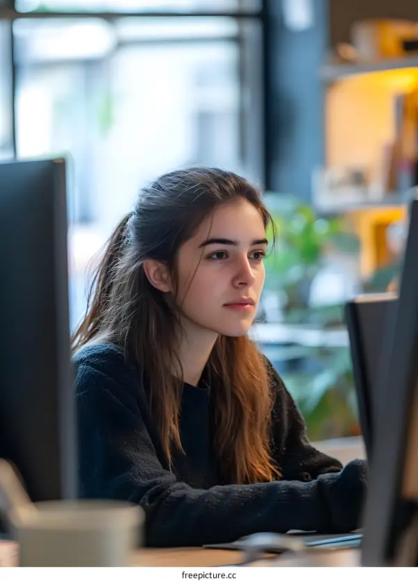 Young Woman Working On Computer In Modern Office