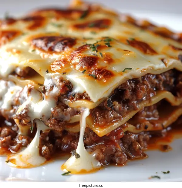 Homemade lasagna with melted cheese and tomato sauce