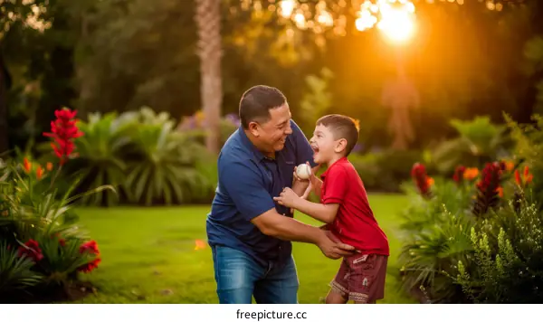 Father and son playing baseball in the park