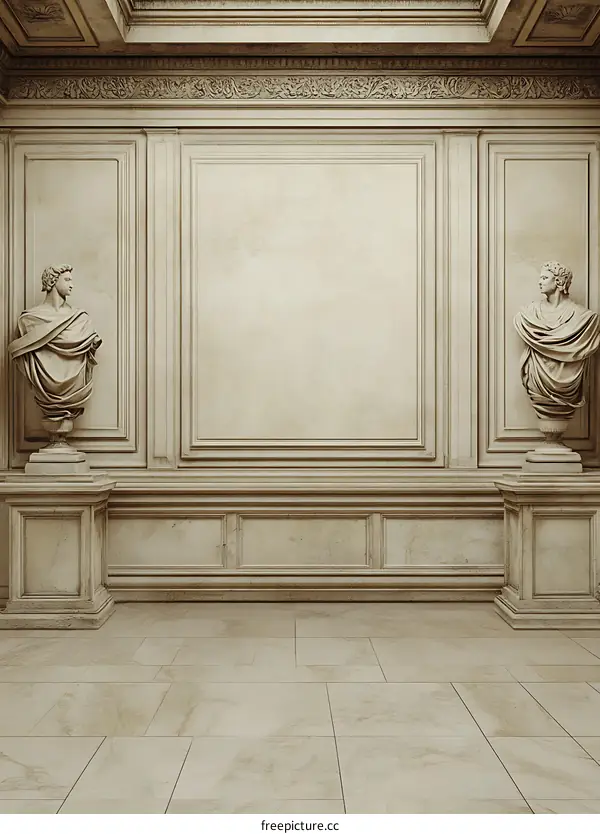 Classic White Marble Wall With Two Bust Sculptures