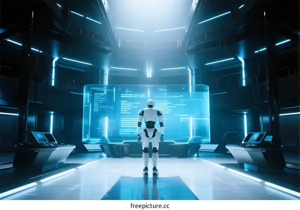 A futuristic robot standing in a high-tech control room with glowing screens