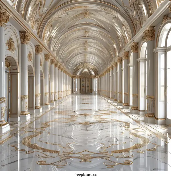 Grand Hallway with Marble Floor and Golden Columns