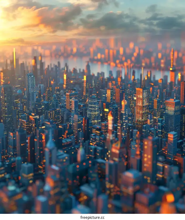 A bustling metropolis with skyscrapers at sunset