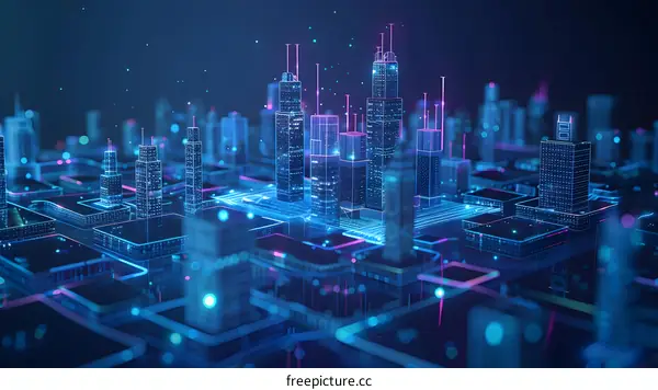 Blue and purple digital city illustration