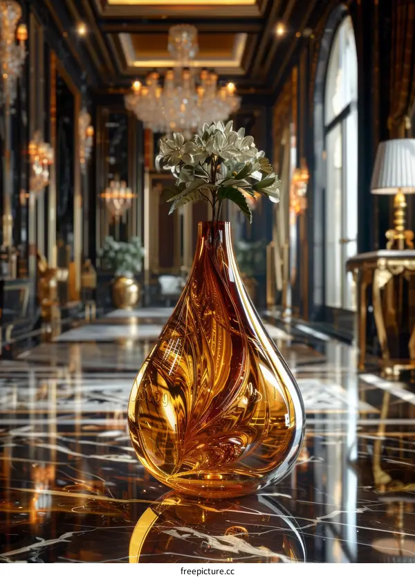 A Transparent Vase Filled with White Flowers Sits on a Marble Table in a Luxurious Interior