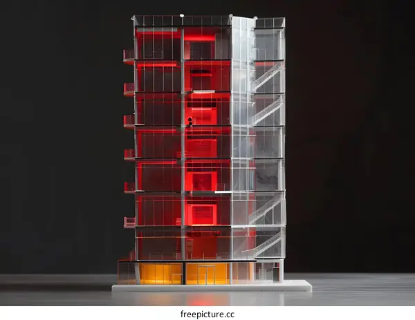 Glass Model of Modern Building with Red Light