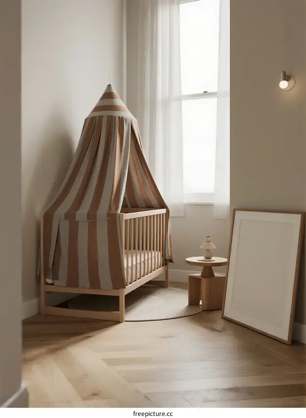 Modern baby room with wooden crib and striped canopy