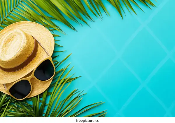 Summer Vacation Background with Hat Sunglasses and Palm Leaves