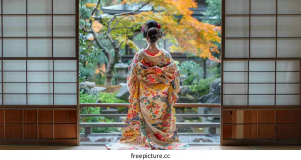 Woman in Traditional Japanese Kimono Standing Near a Doorway