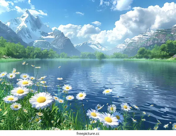 Tranquil Alpine Lake with Blossoming Chamomile Flowers