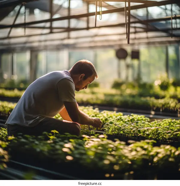 Caucasian Farmer Inspecting Plants in Greenhouse