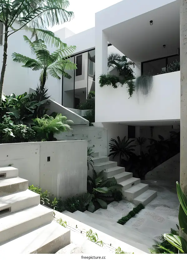 Modern Architecture Concrete Stairs with Tropical Plants