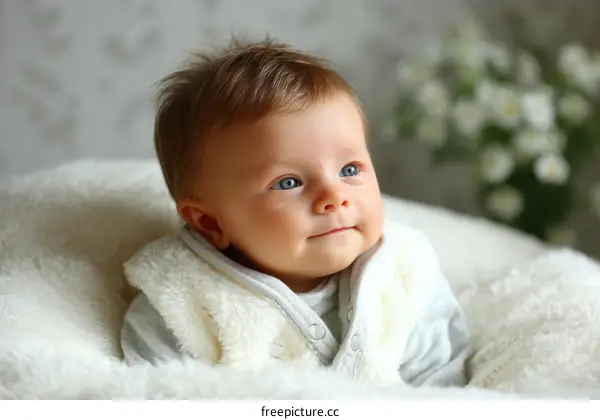 Adorable Baby Boy with  Blue Eyes in Fluffy Vest