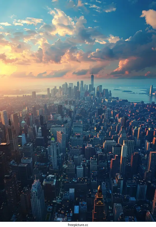 New York City Skyline at Sunset with Manhattan Buildings and Skyscrapers