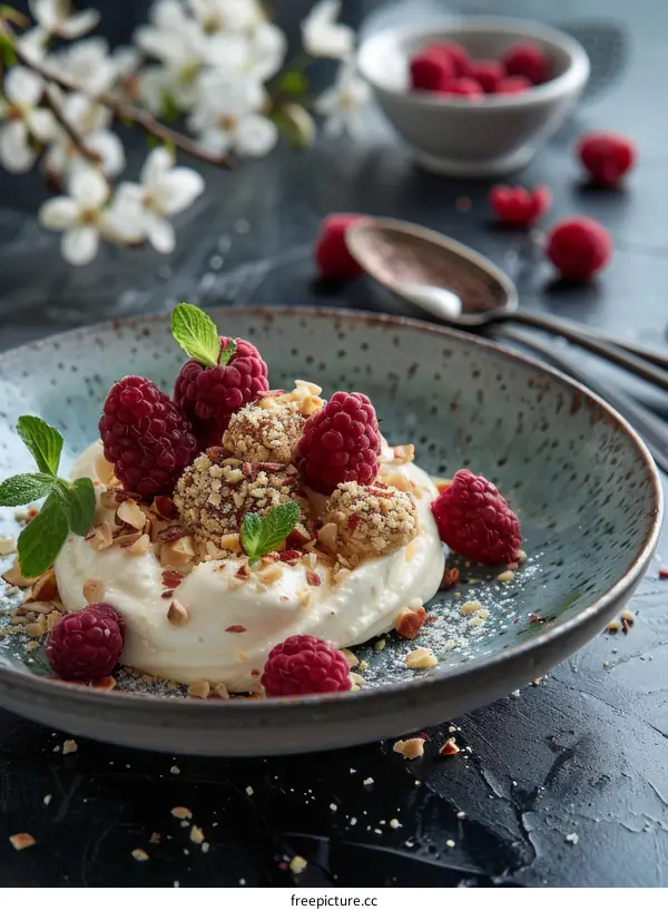 food photography of raspberries and cream