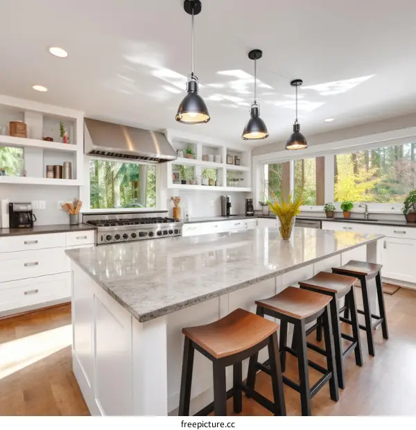 Modern kitchen with stainless steel appliances and large island