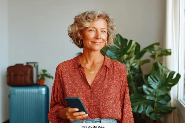 Mature woman holding smartphone with luggage in cozy indoor space