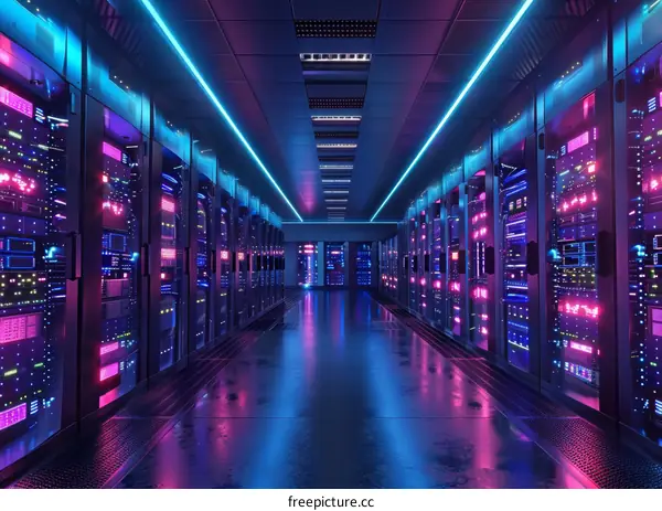 Futuristic neon glowing server room with supercomputers