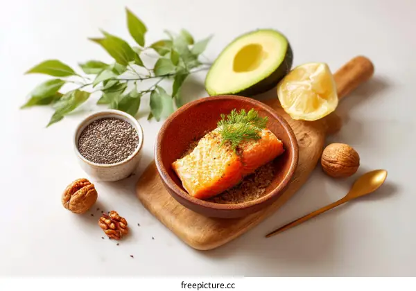 Healthy Food Composition with Salmon, Avocado, and Lemon