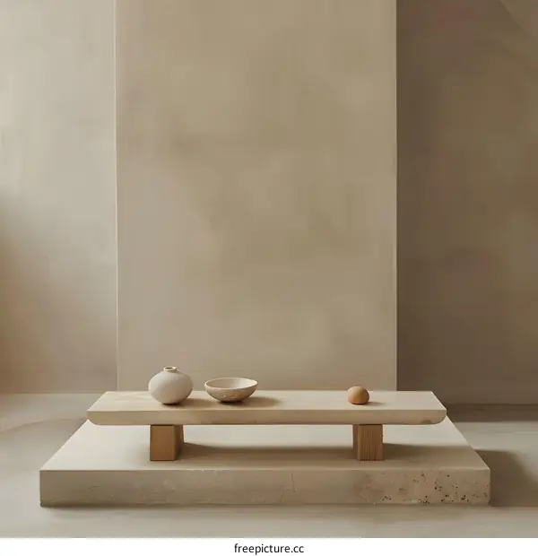Minimalist Interior Design With Stone Table And Beige Walls