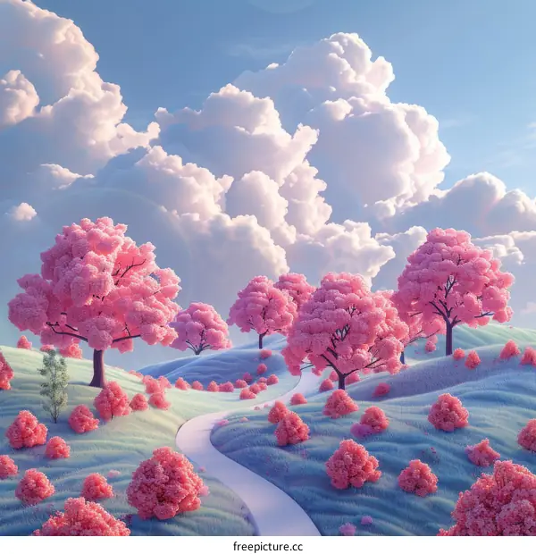 pink trees and bushes in a surreal landscape