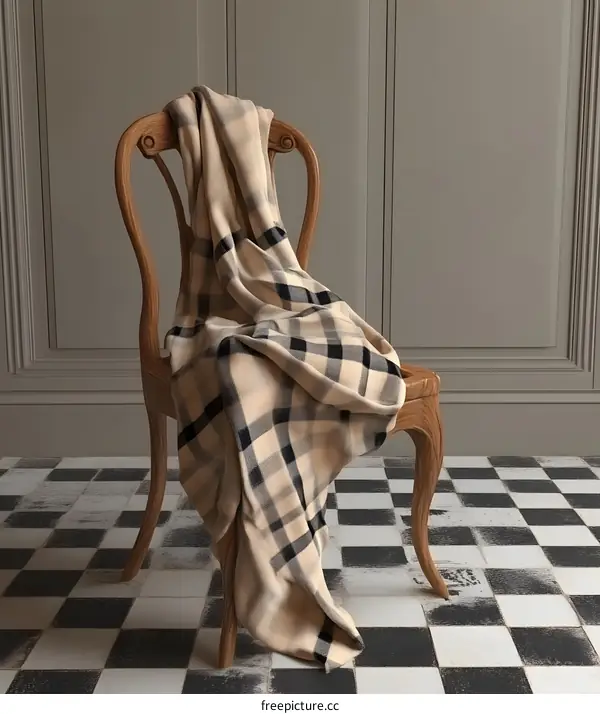 Beige Plaid Blanket Draped Over Wooden Chair
