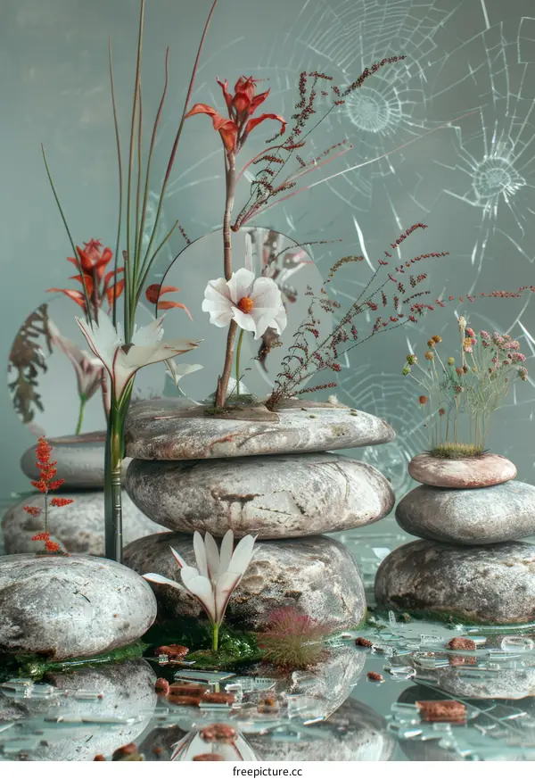 Still life with mirror and stones