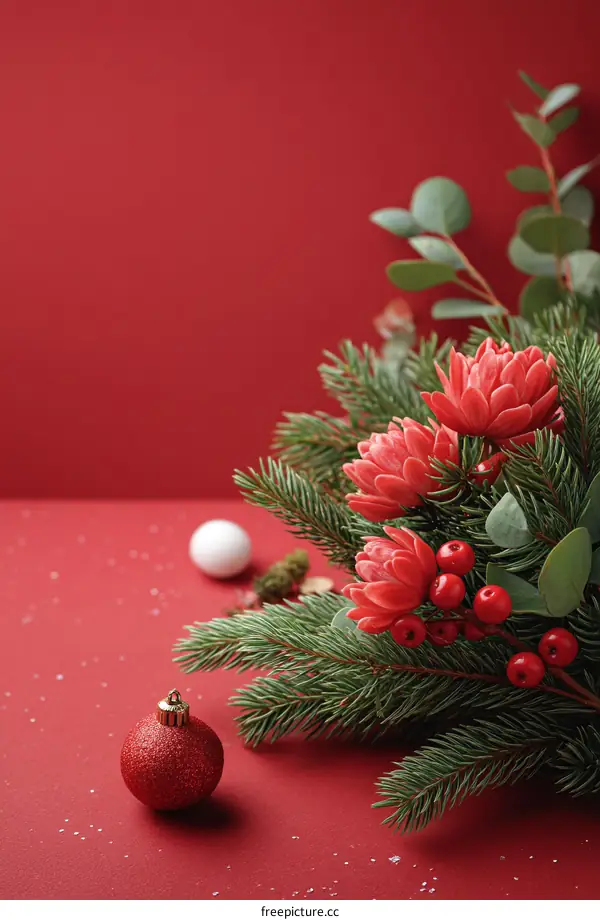 Christmas Decoration Arrangement on Red Background
