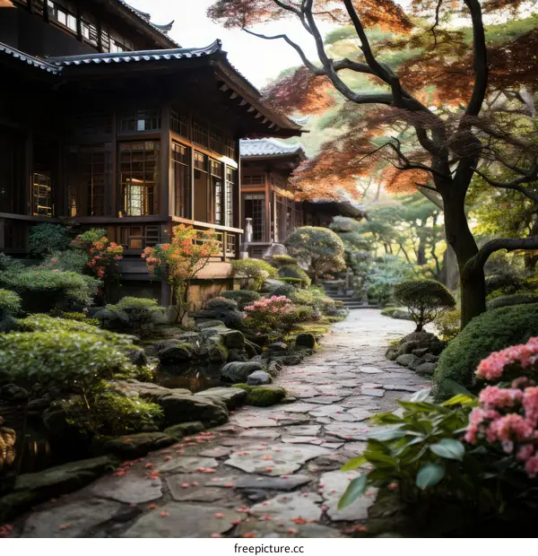 Japanese garden with traditional house and stone path