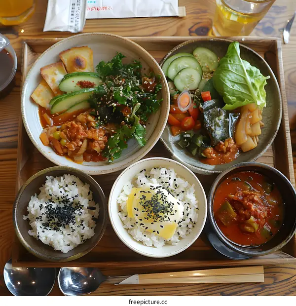 Asian Cuisine Food Plate With Rice, Vegetables and Soup