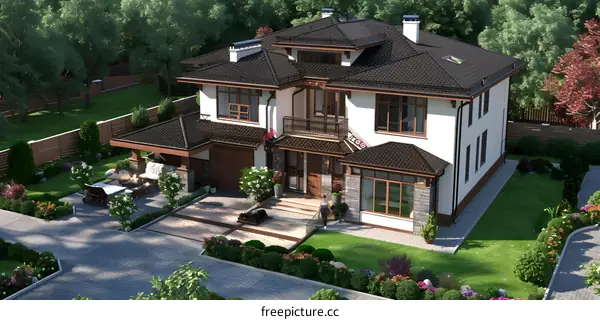 Modern Two Story White House with Brown Roof in Green Trees