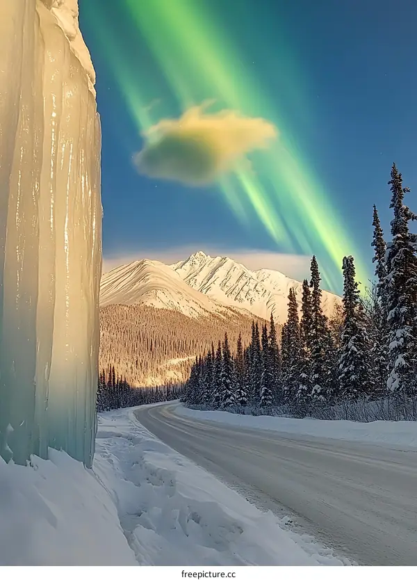 Northern Lights Display Over Snow Covered Mountain Range