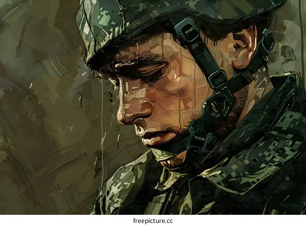 A soldier wearing a helmet with a camouflage pattern