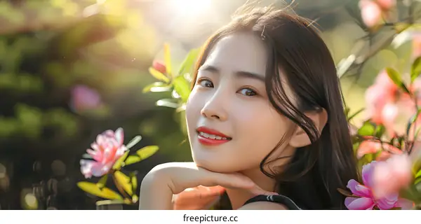 Portrait of Asian Woman with Flowers