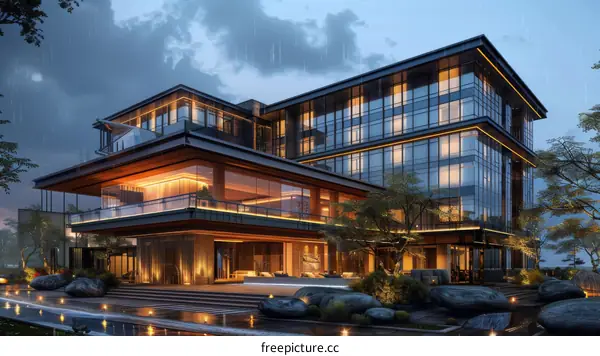 Modern Luxury Hotel Exterior at Night Under Rain