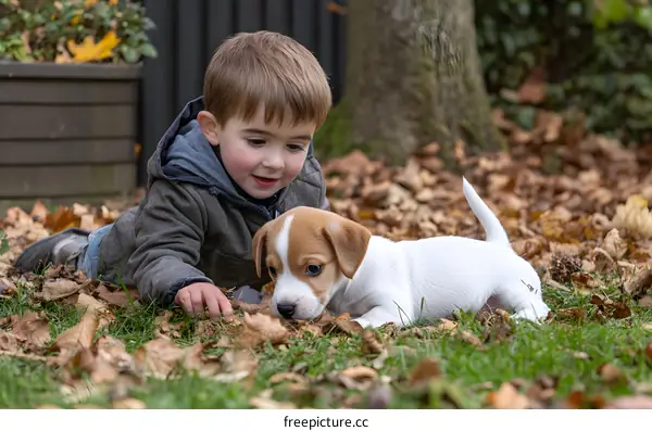Little Boy Playing With Puppy In The Autumn Leaves