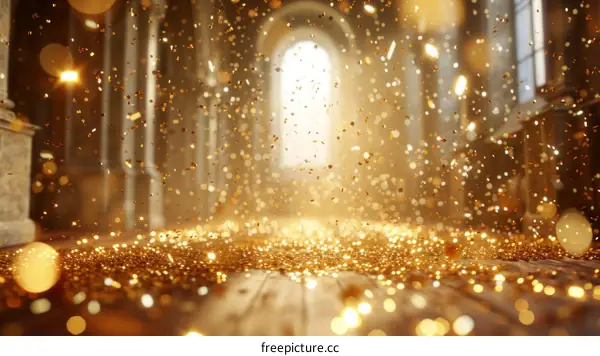Golden particles background with shiny sparkles and light rays