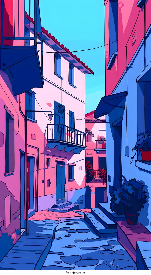 Colorful Illustration Of A Narrow Street In Europe