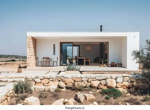 Modern Minimalist House With Stone Wall And Cactus Plants