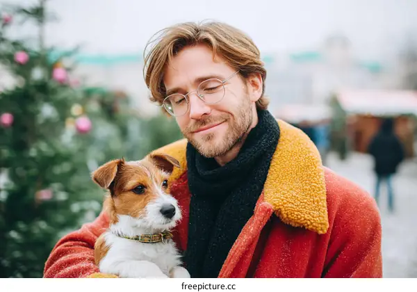 Winter Market Scene with Man and Dog