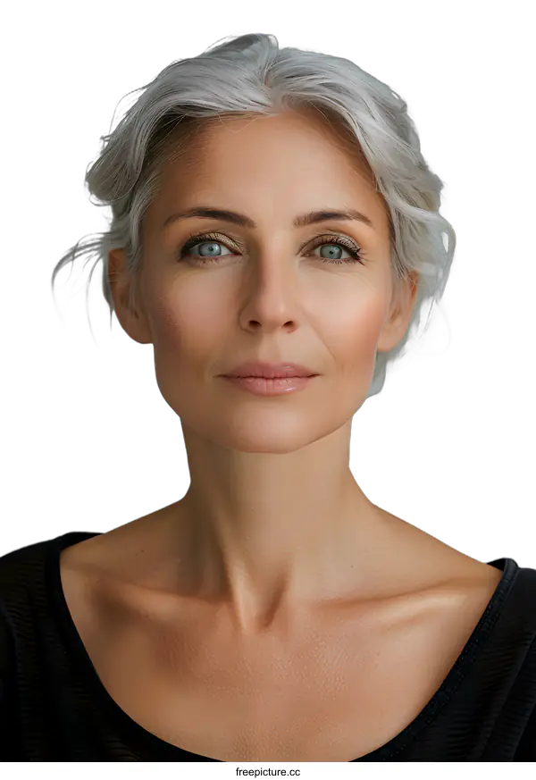 [Transparent Background PNG]Portrait of Beautiful Woman with Gray Hair