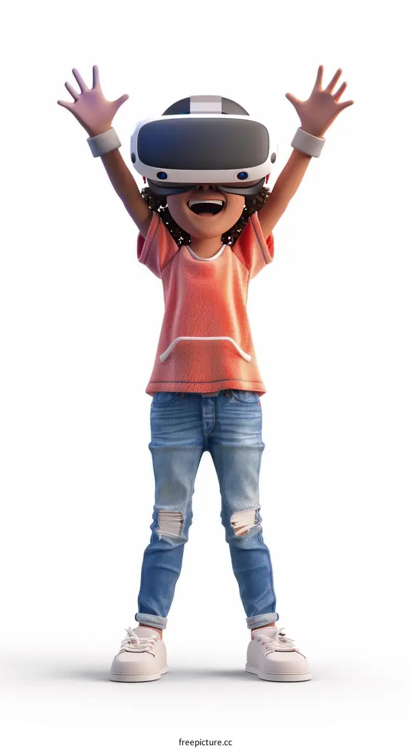 A cartoon girl wearing a virtual reality headset and raising her hands